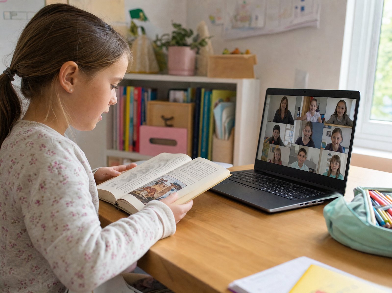 Grundschülerin liest aus einem Buch neben einer Videokonferenz mit der Klasse