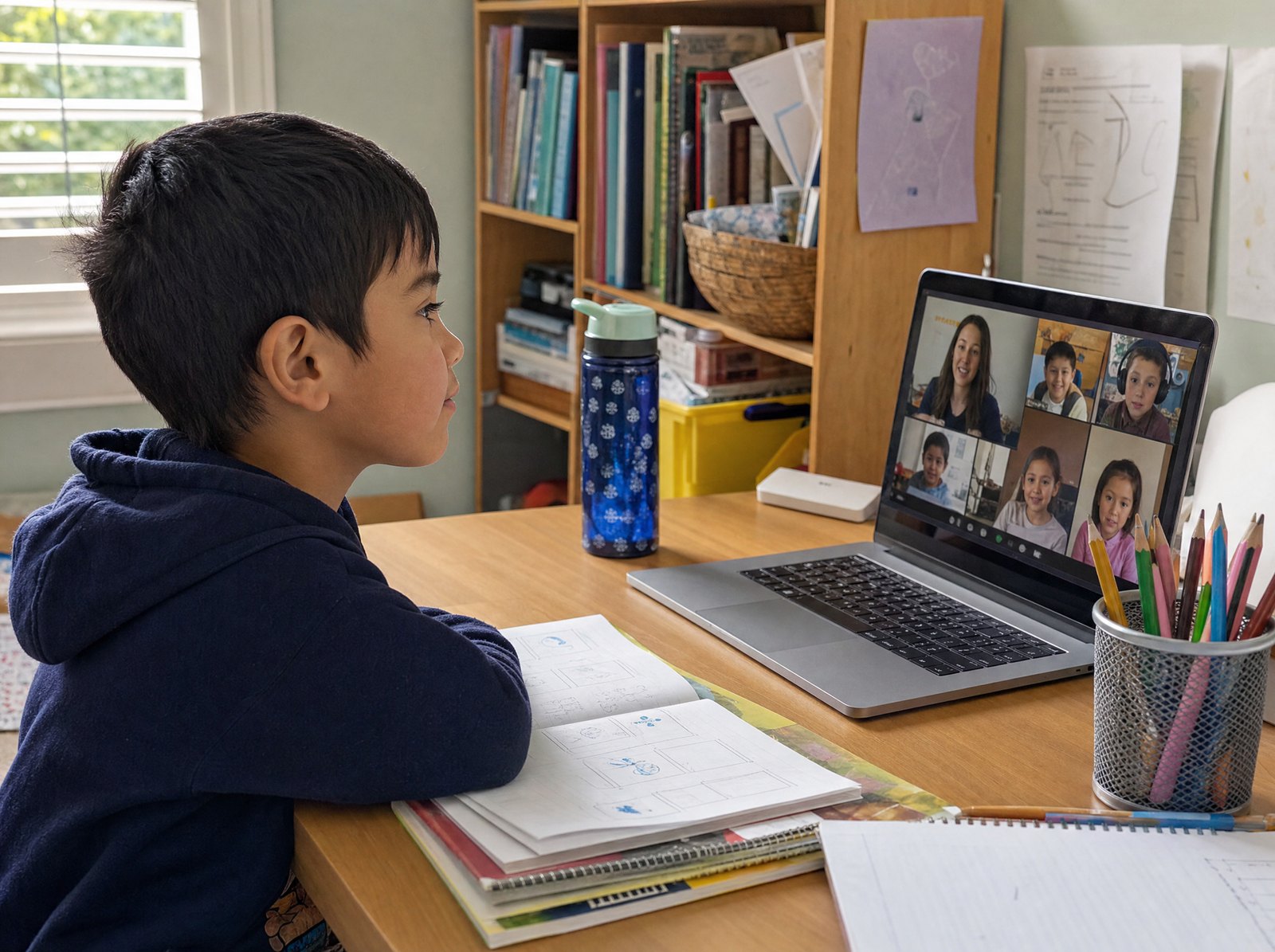 Grundschüler im Online-Morgenkreis mit Lehrerin und Klasse