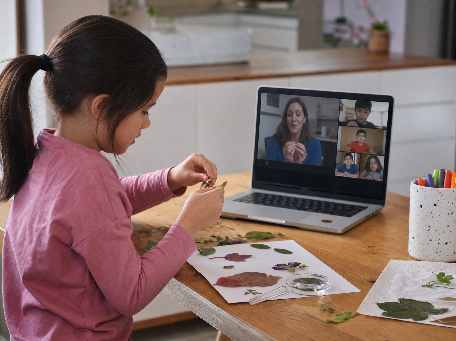 Grundschülerin arbeitet mit Blättern im Sachunterricht per Videokonferenz