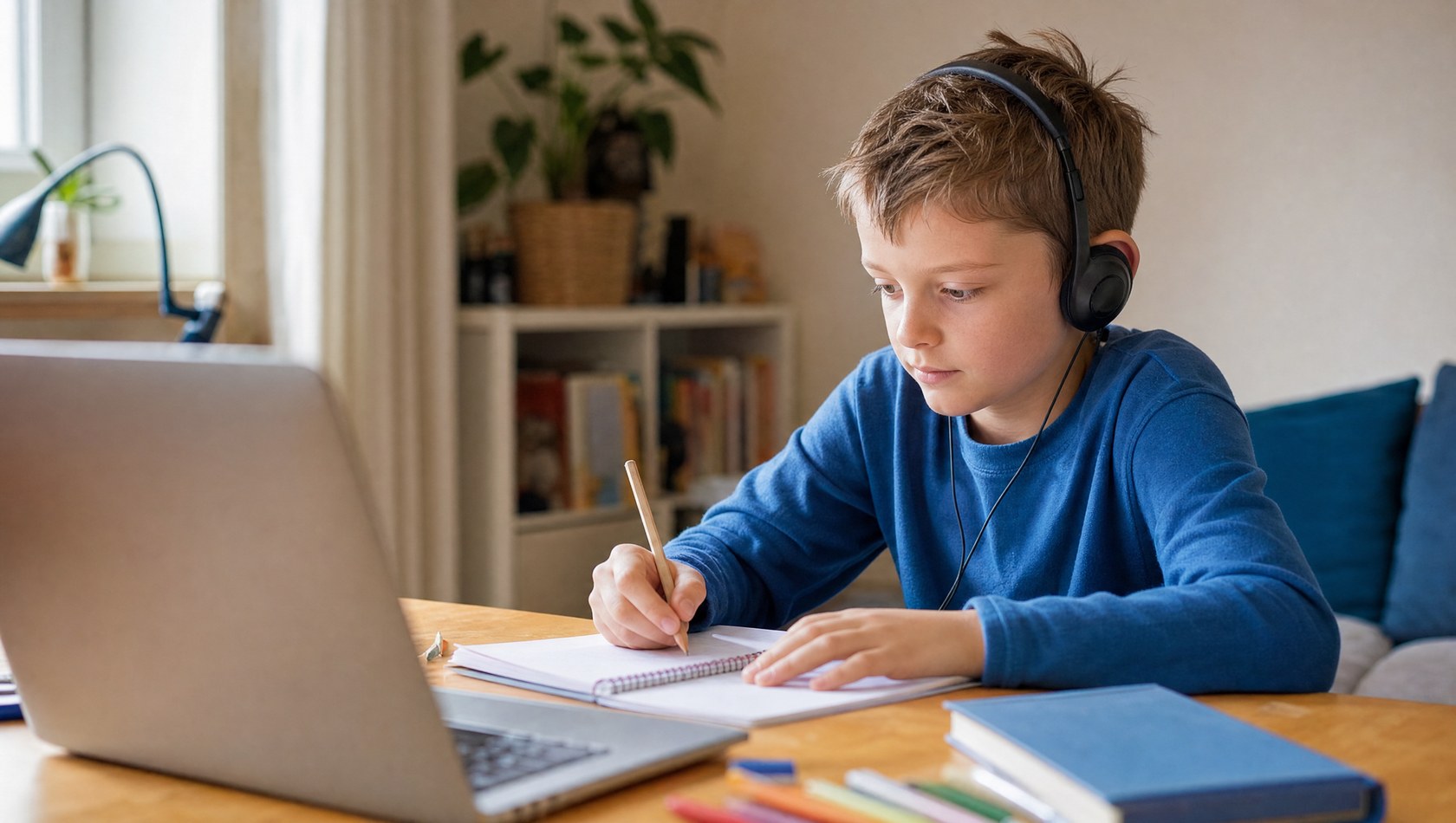 Grundschulkind im konzentrierten Online-Unterricht
