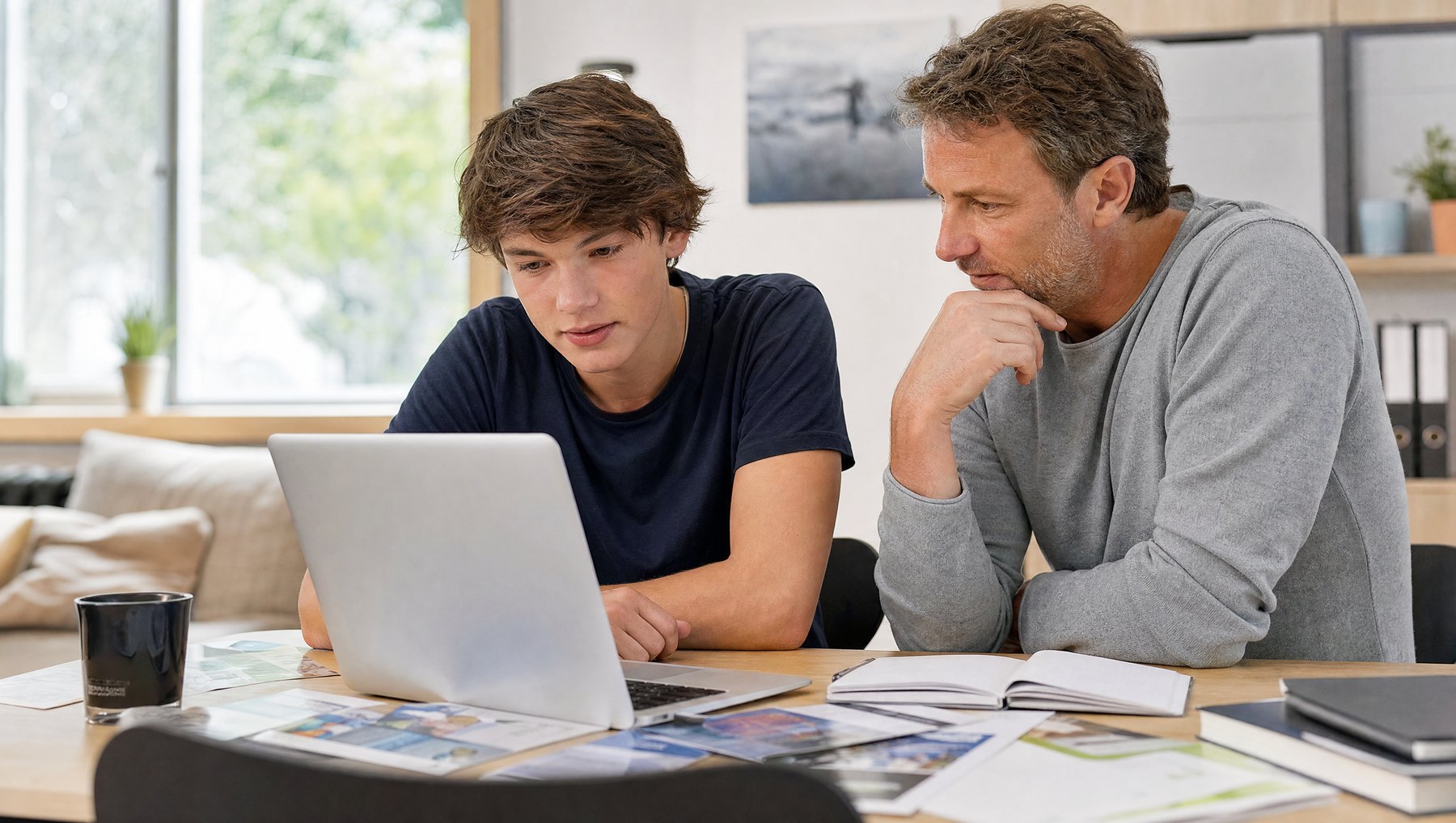 Schüler und Vater betrachten Studien- und Lerninformationen am Laptop