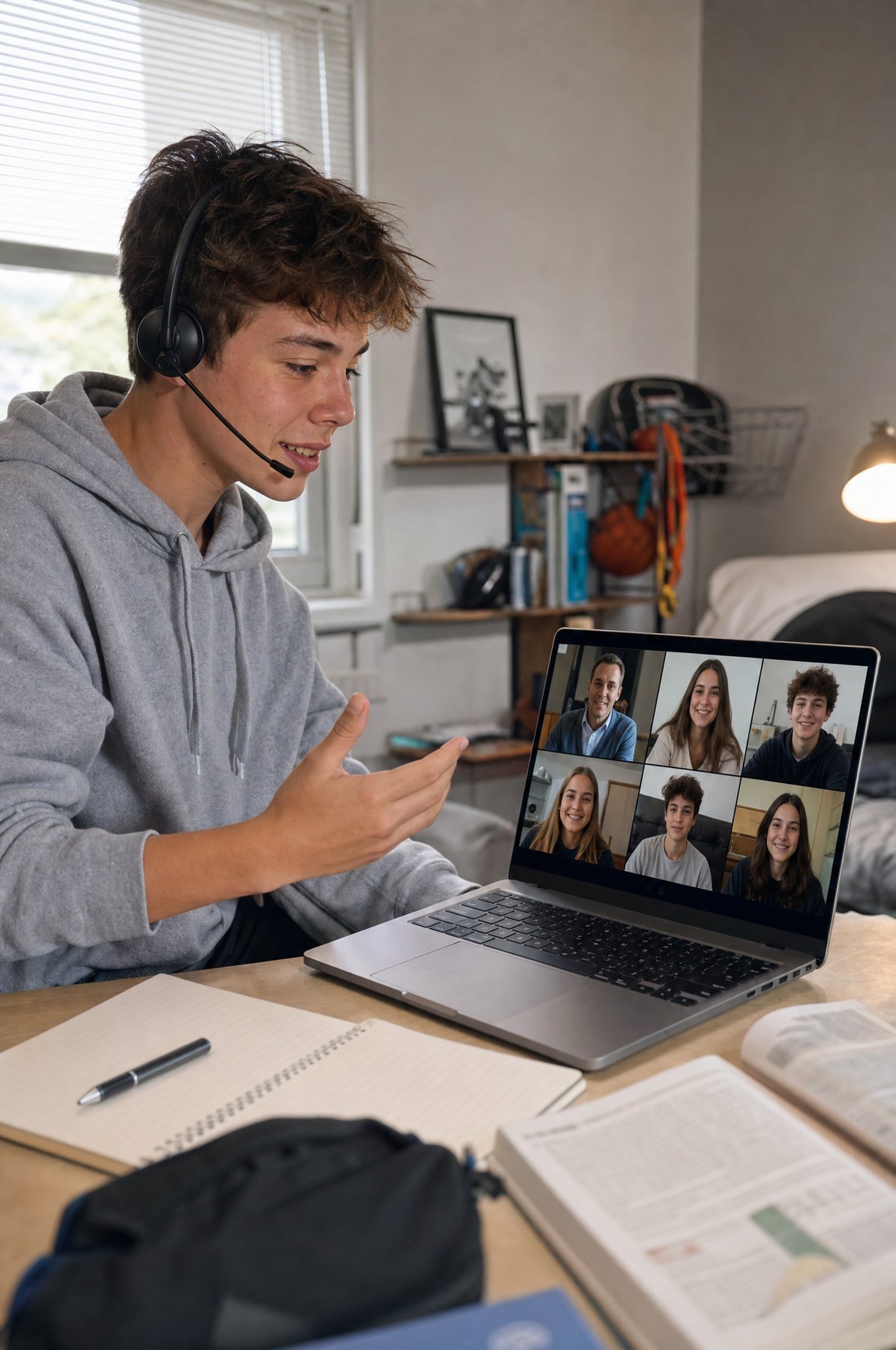 Sportlicher Schüler im Live-Unterricht mit Lehrkraft und Klasse